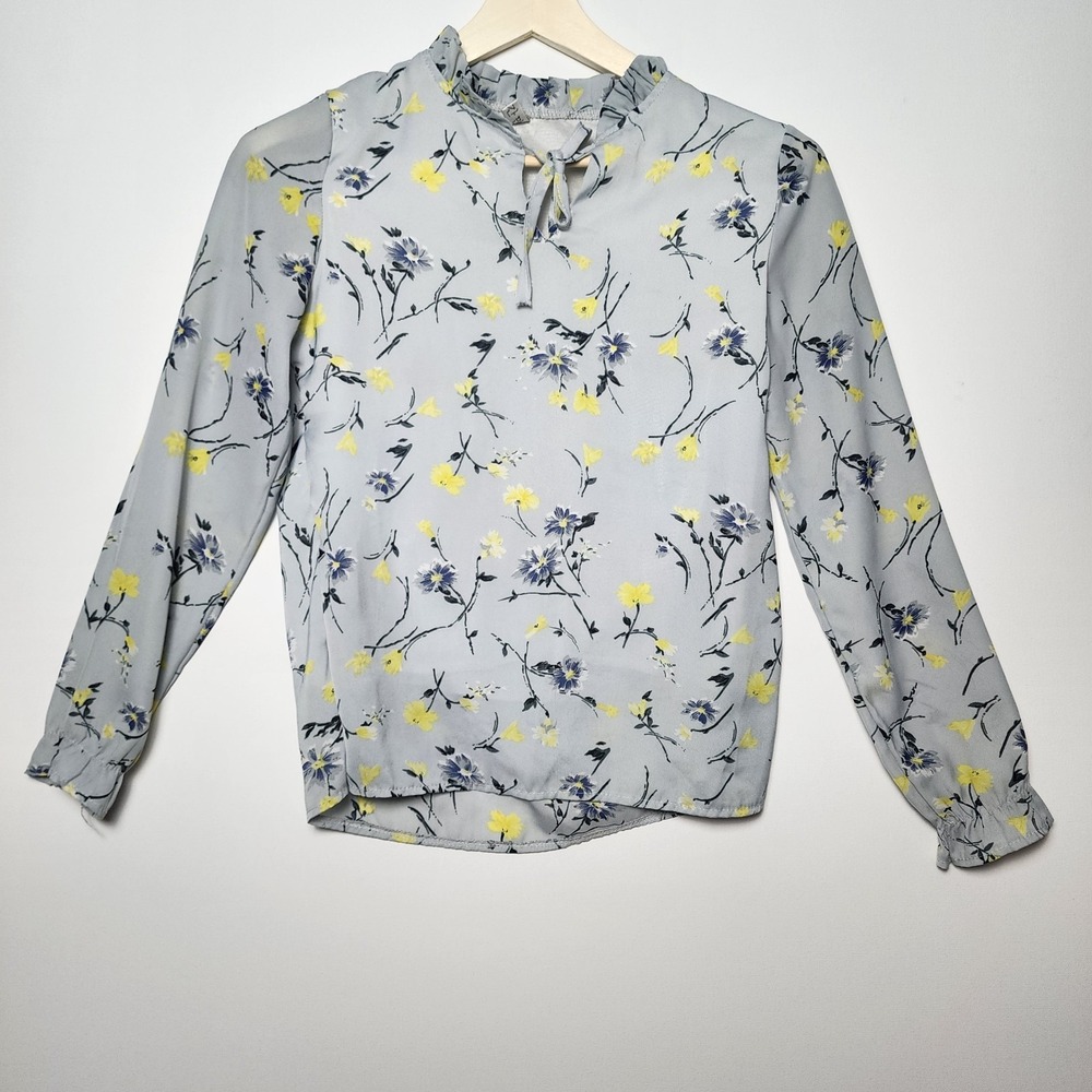 Floral Ruffle Neck Tie Long Sleeve Blouse Grey Yellow Blue Size Small